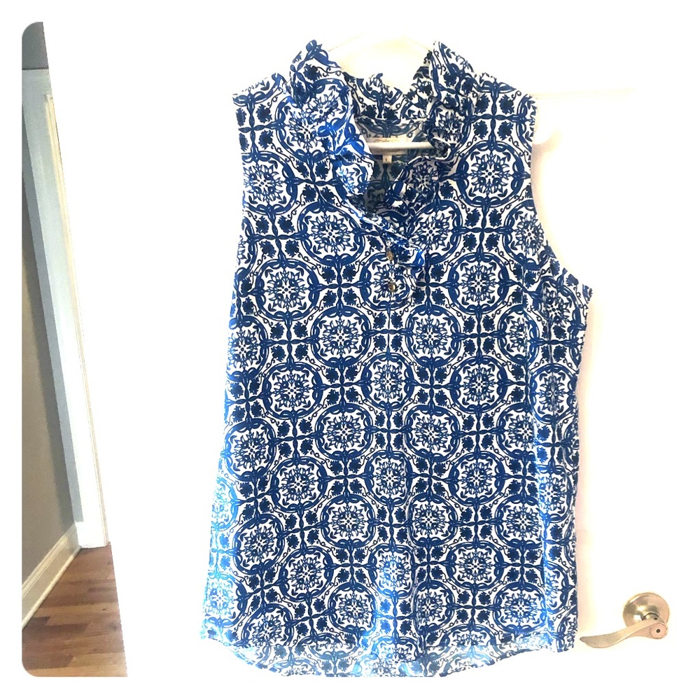 Mudpie royal blue and white printed top